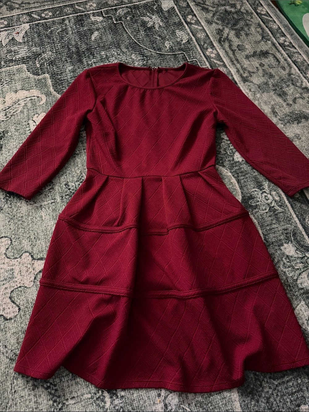 Wine Red Fit-and-Flare Dress with Three-Quarter Sleeves